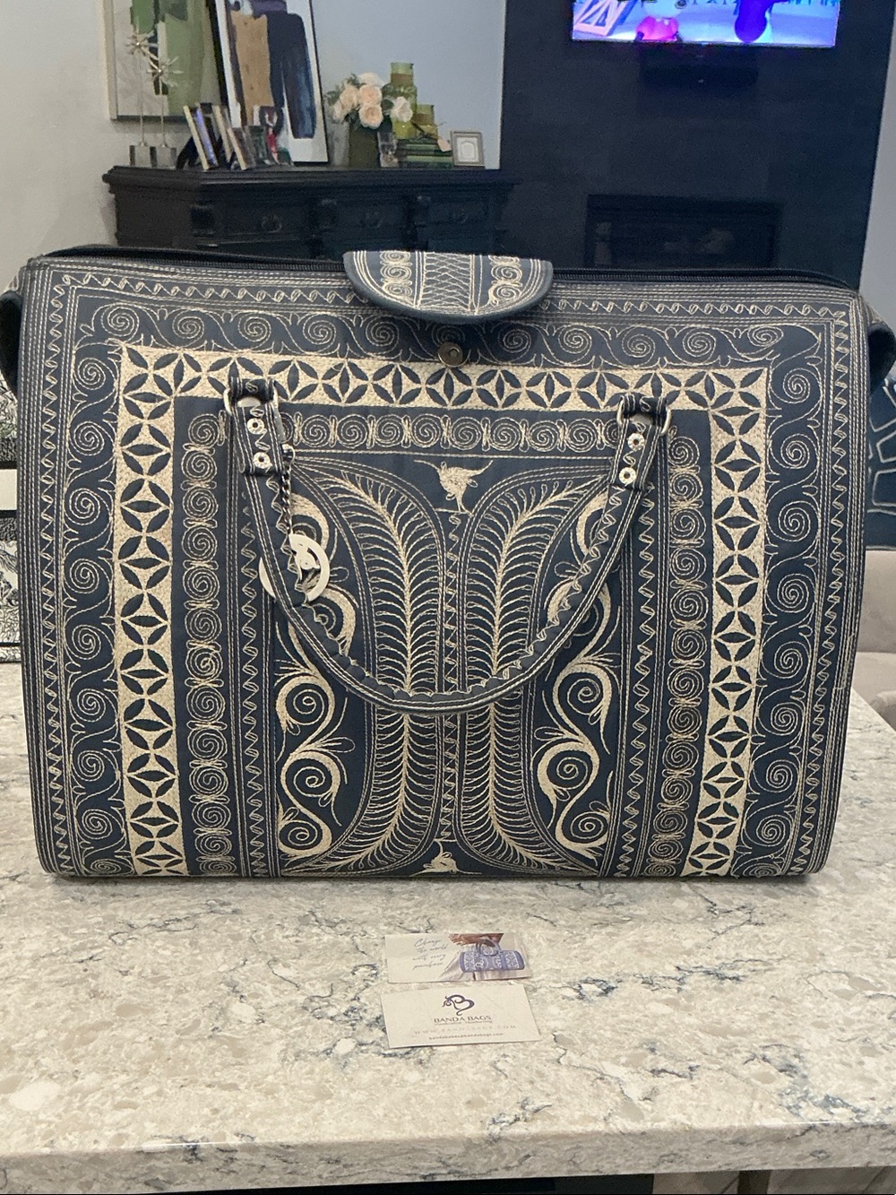 Handcrafted Black and Cream Patterned Large Tote Bag